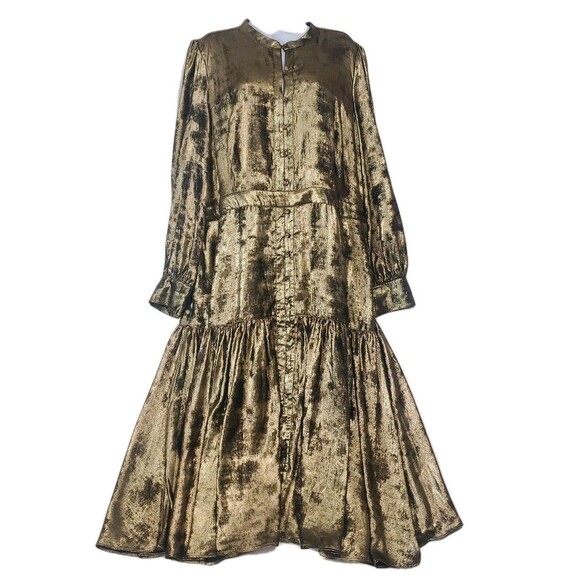 la Joie 18W Button Front Closure Gold Tiered Free Flowing Midi or Maxi Dress - Picture 1 of 15